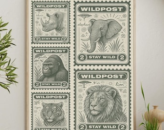 Vintage Wild Animal Stamp Art Print: Green & Beige (Digital Download)
