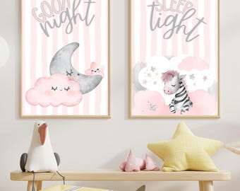 Sleeping Zebra Nursery Wall Art Set Girls pink wall décor (Instant Download)