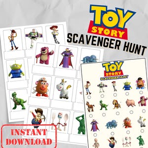 May include: Two printable Toy Story scavenger hunt sheets featuring various characters. The Toy Story logo is at the top, with the words "Scavenger Hunt" below. The phrase "Instant Download" is in a red rectangle at the bottom.