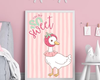 Strawberry Goose Nursery Art Girls Pink Room Decor (Instant Download)
