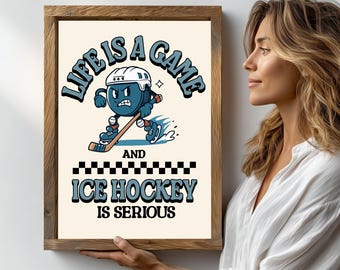 Retro Ice Hockey Print: Funny Sport Art, Mascot Hockey Puck Gift (Digital Download)