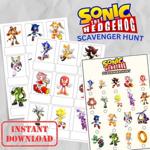 May include: Two printable Sonic the Hedgehog Scavenger Hunt game sheets. One sheet features character images with blank lines, the other has a checklist. The logo and text "Instant Download" are also visible.