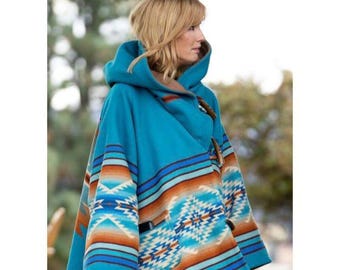 Southwestern Fleece Poncho Coat: Hooded Blue Western Style