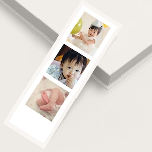 May include: A white photo strip featuring three images of a baby. The top image shows a baby holding a balloon, the middle image shows a baby with their hand near their mouth, and the bottom image shows a baby's feet.