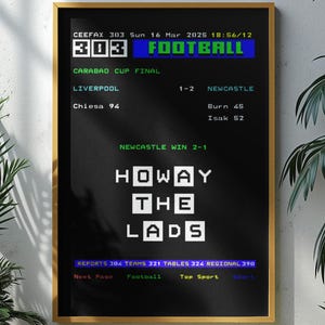 以下が含まれることがあります： 黒いフレームのポスターで、サッカーのスコアと「HOWAY THE LADS」のテキストが表示されています。ポスターにはカラバオカップ決勝の結果が表示され、ニューカッスルが2-1で勝利しています。緑の植物に囲まれています。
