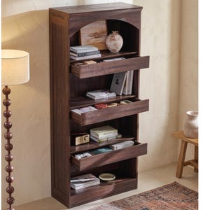 Tall Arched Bookcase with Magnetic Lock Drawer, Modern Wooden Bookshelf with 3 Pull Out Drawers, Farmhouse 4 Tier Open Shelf Storage Unit