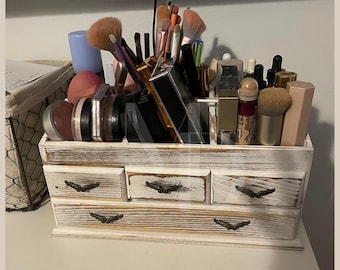 Shabby Chic Whitewashed Wood Vanity Organizer | 7 Compartment Jewelry & Cosmetic Storage Drawers