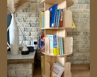 360 Degree Rotating Bookcase - 3-Tier Wooden Display Shelf For Kids' Room, Natural Finish, 41"H