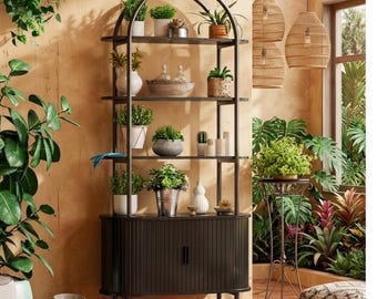 Arched Metal Bookcase with Tambour Doors – Mid-Century Modern Display Shelf Cabinet -Aesthetic home furniture