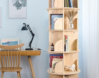 Handmade 360 Rotating Bookshelf | Solid Wood Multi-Tier Bookcase | Stackable Floor Standing Book Organizer and Display Rack