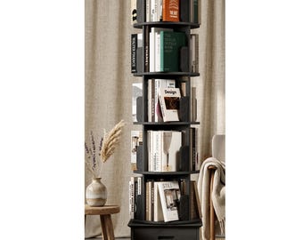 72 Solid Wood Spinning Bookcase - Modern Rotating Bookshelf Tower with Storage Drawer & Wheels -Handcrafted Floor Standing Book Display