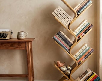 Sculptural Bamboo Tree Bookshelf, Modern Geometric Book Tower, Minimalist Home Decor Display Rack