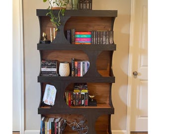 Tall Storage Shelving | 4-Tier S-Shaped Wood Bookcase for Small Spaces | Modern Display Unit for Books & Decor | Freestanding Office Shelf
