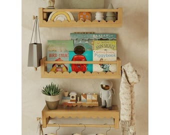 Set of 3 Kids Floating Shelves - Scalloped Nursery Wall Bookshelves with Hooks