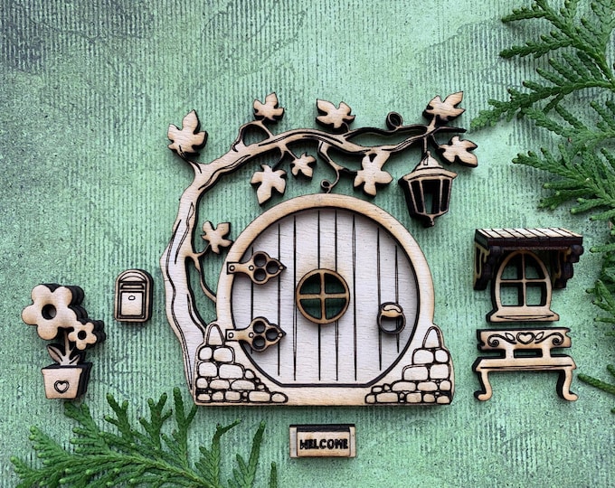 Featured listing image: Wooden gnome door with accessories. Fairy door for decorating. Miniature door set for gnomes. Decoration for your home.