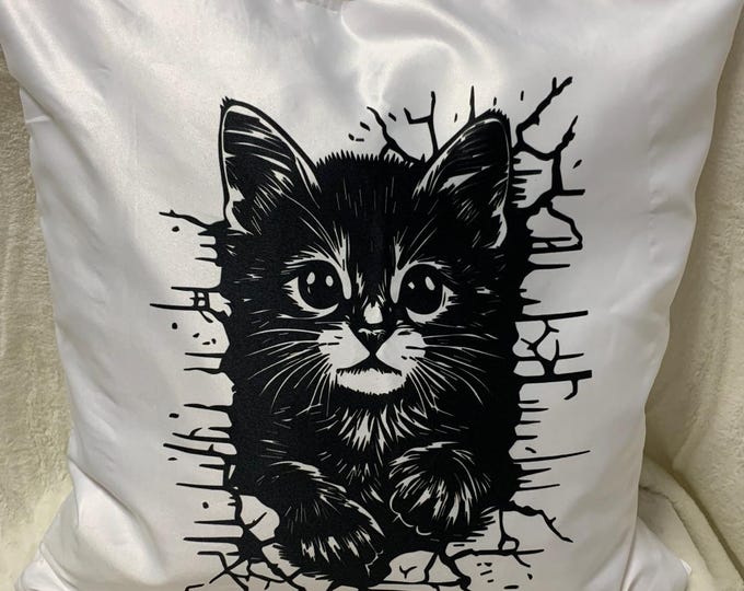 Featured listing image: Pillowcase with a cute cat motif. Black and white cat decorative pillow. Gift for cat lovers. Sofa cushion without filling. Animal motif decoration.