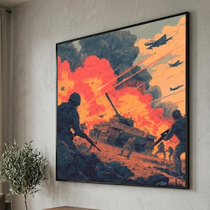 Tela com cena intensa de campo de batalha, arte militar com tanque e soldados, ilustração de combate de guerra, decoração de parede com cena de ação, impressão dramática em tela.