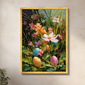 Leinwandbild Frühlingsgarten | Osterei Blumenwanddekor | Bunter Blumenstrauß Impressionist Gemälde | Natur Haus Kunstwerk | Gerahmt oder Gerollt
