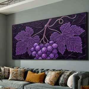May include: A rectangular wall art piece featuring a textured, dark purple painting of a grape cluster with two large, detailed grape leaves. The artwork displays a deep violet color palette with raised, embossed-style patterns throughout the surface.