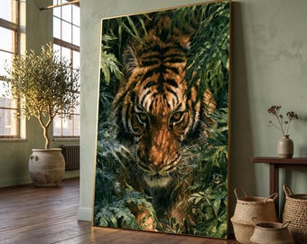 Majestic Tiger Jungle, Wildlife Canvas Wall Art, Nature Animal Portrait, Forest Green Foliage Canvas, Realistic Big Cat Print, Home
