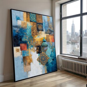 Abstract Moroccan Tiles Canvas Blue Gold Geometric Wall Art Middle Eastern Home Decor Boho Islamic Pattern Mediterranean Housewarming Gift