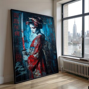 Fierce Samurai Woman Canvas, Red Kimono Wall Art, Japanese Warrior Portrait, Sword Art on Canvas, Dramatic Home Decoration
