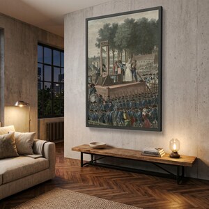 May include: A framed historical print depicting a public execution scene with a guillotine on a wooden platform, surrounded by a crowd of soldiers in blue uniforms and onlookers, set against a backdrop of trees and buildings in a muted colour palette.