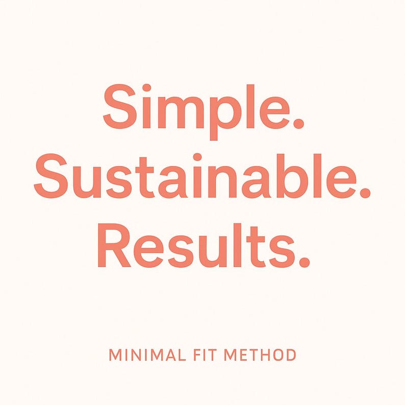 Może przedstawiać: Kwadratowy obraz z napisem "Simple. Sustainable. Results." w koralowym kolorze. Poniżej znajduje się fraza "MINIMAL FIT METHOD" mniejszą czcionką. Tło jest w jasnym kremowym kolorze.