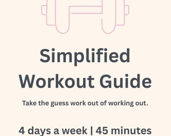 Puede incluir: Gráfico beige claro con el texto "Simplified Workout Guide" y una ilustración de mancuernas rosa. La guía promete una rutina de ejercicios de 4 días a la semana durante 45 minutos. También se incluye el texto "Take the guess work out of working out".