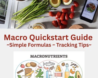 May include: A healthy eating guide with the title "Macro Quickstart Guide" and the subtitle "Simple Formulas Tracking Tips". The image features fresh vegetables, fruits, and a diagram illustrating macronutrients: carbs, protein, and fats.