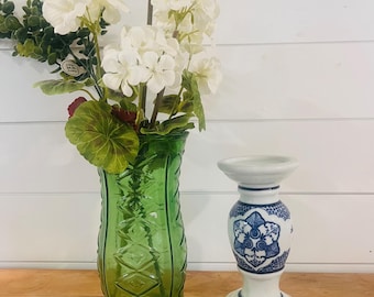Blue and White Ceramic Vintage Pillar Candle Holder - 10 inches tall