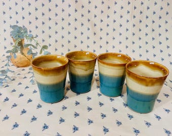 Minimalist Tea Cup Set – Brown & Blue Ombre Glaze, Hand Painted- Set of 3
