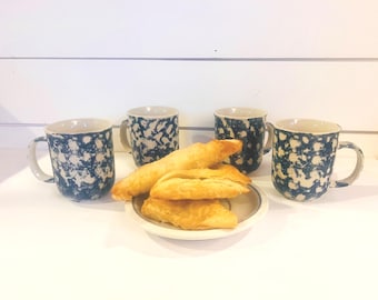 Vintage White Tienshan Mugs Blue and Green Breakfast Set