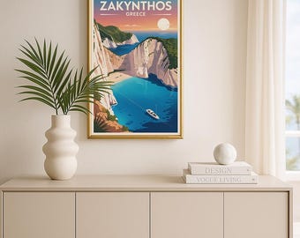Poster di viaggio di Zante, Grecia / Stampa minimalista della costa dell'isola greca (PDF)