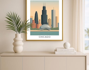 Poster di viaggio di Chicago: stampa artistica minimalista dello skyline della città