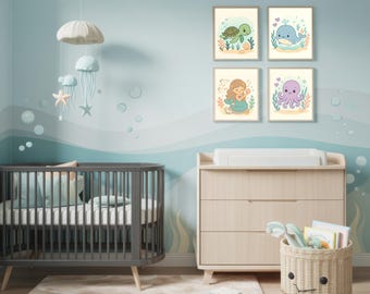 Set di stampe per bambini Ocean Nursery / Balena, Tartaruga, Polpo, Sirena (download digitale)