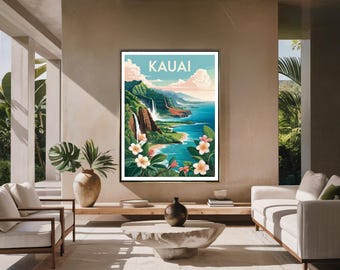 Poster di viaggio di Kauai - Arte murale della costa hawaiana, stampa minimalista retrò di Kauai