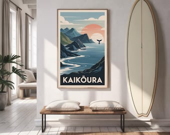 Poster di viaggio di Kaikōura, Nuova Zelanda / Stampa costiera retrò (download digitale)