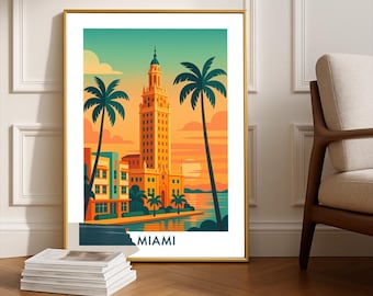 Poster di viaggio Art Déco di Miami: stampa dello skyline della città retrò (download digitale)