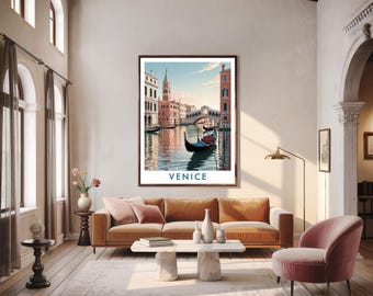 Poster di viaggio a Venezia - Arte murale in gondola, illustrazione di città italiana, stampa minimalista retrò di Venezia