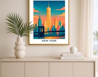 Poster retrò di viaggio di New York: One World Trade e ponte di Brooklyn (download digitale)