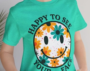 Floral Smiley Face Tee, Retro Happy Graphic Shirt, Unisex Summer Apparel
