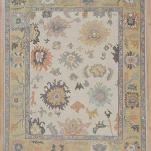 Hand Knotted Oushak Wool Rug: Ivory & Mustard Vintage Turkish Carpet