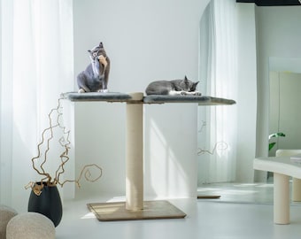 Luxury Wooden Cat Perch Stand, Modern Minimalist Cat Tree with Eco Fur Bed, Solid Wood Cat Furniture, Compact Cat Tower