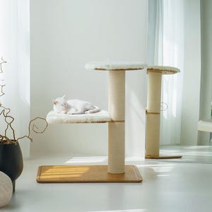 May include: A white cat rests on a two-tiered cat tree. The cat tree has a natural rope-wrapped post and a wooden base. The top platforms are covered in a soft, cream-colored material. The cat tree is in a bright, minimalist room.