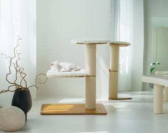 Luxury Double Bed Wood Cat Tree, Modern Cat Condo with Premium Fur Cushions, Solid Wood Modular Cat Furniture Tower