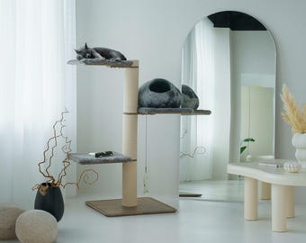 Modern Mid Century Wood Cat Tree, Balanced Minimalist Cat Tower with Perch, Luxury Solid Condo Furniture