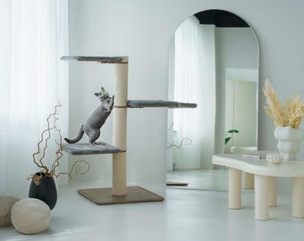 Modern Mid Century Wood Cat Tree, Balanced Minimalist Cat Tower with Perch, Luxury Solid Wood Cat Condo Furniture