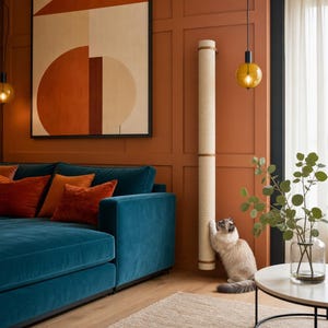 Peut inclure: Un griffoir pour chat cylindrique et haut, de couleur beige, fixé verticalement sur un mur orange brûlé. Un chat à poils longs de couleur claire est debout sur ses pattes arrière et griffe la surface texturée du poteau avec ses pattes avant.