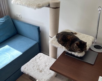 Modern Mid Century Wood Cat Tree, Balanced Minimalist Cat Tower with Perch, Luxury Solid Wood Cat Condo Furniture